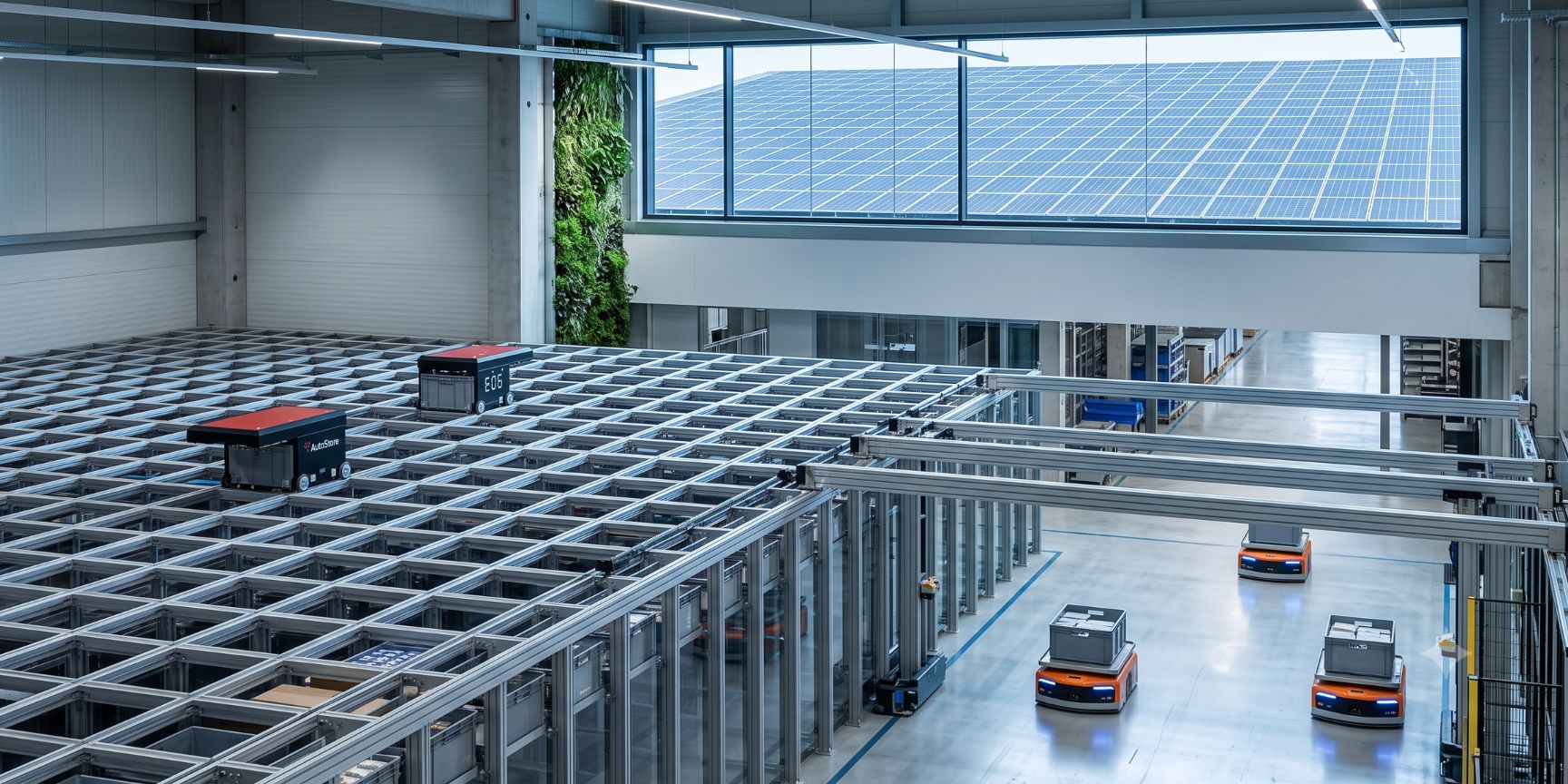 View of an automated logistics hall with AutoStore system, AGVs and LED lighting. Shows CAPEX investments in intralogistics and ESG sustainability.